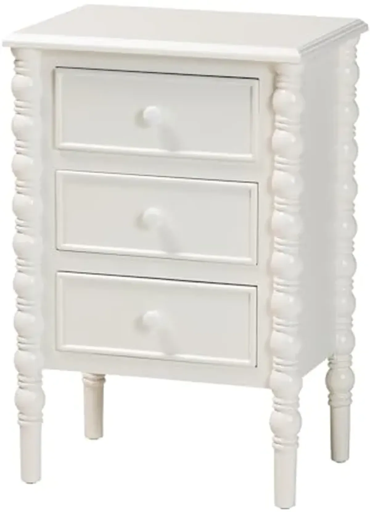 Baxton Studio Malinda End Table with Spindle Legs, 3-Drawer, White