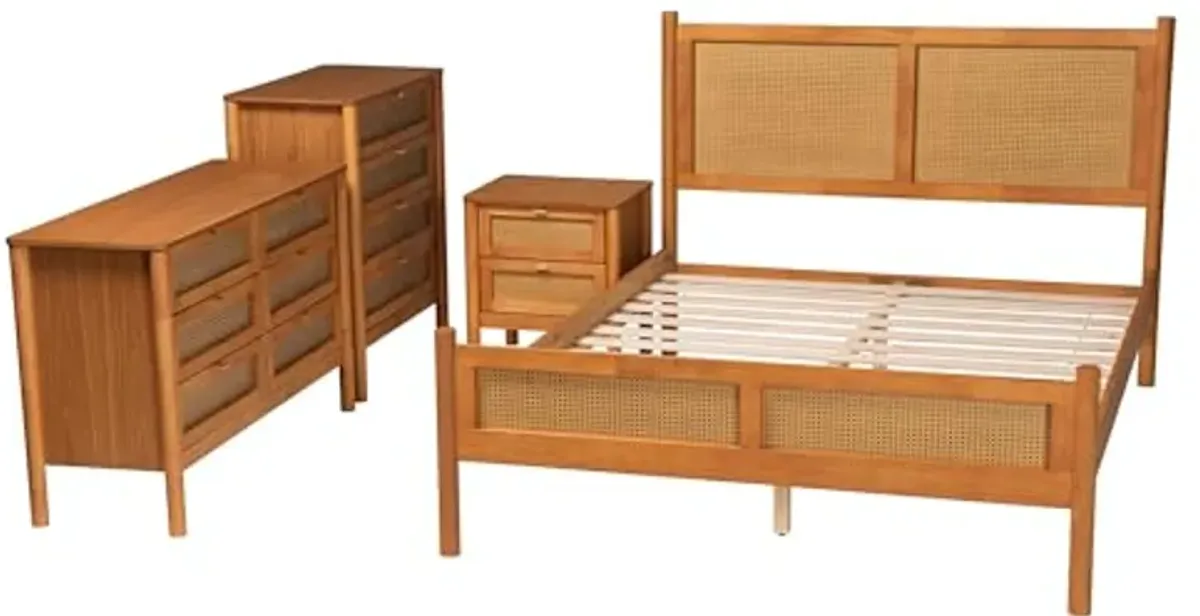 Baxton Studio Jenn Wood Finished Bedroom Set, 4-Piece, Queen, Golden Brown/Distressed Rattan