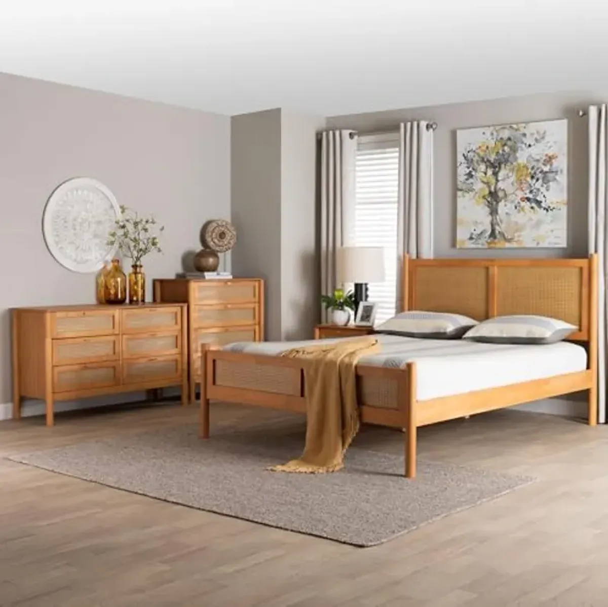 Baxton Studio Jenn Bedroom Set with Distressed-Finished Rattan, 4-Piece, Queen, Golden Brown