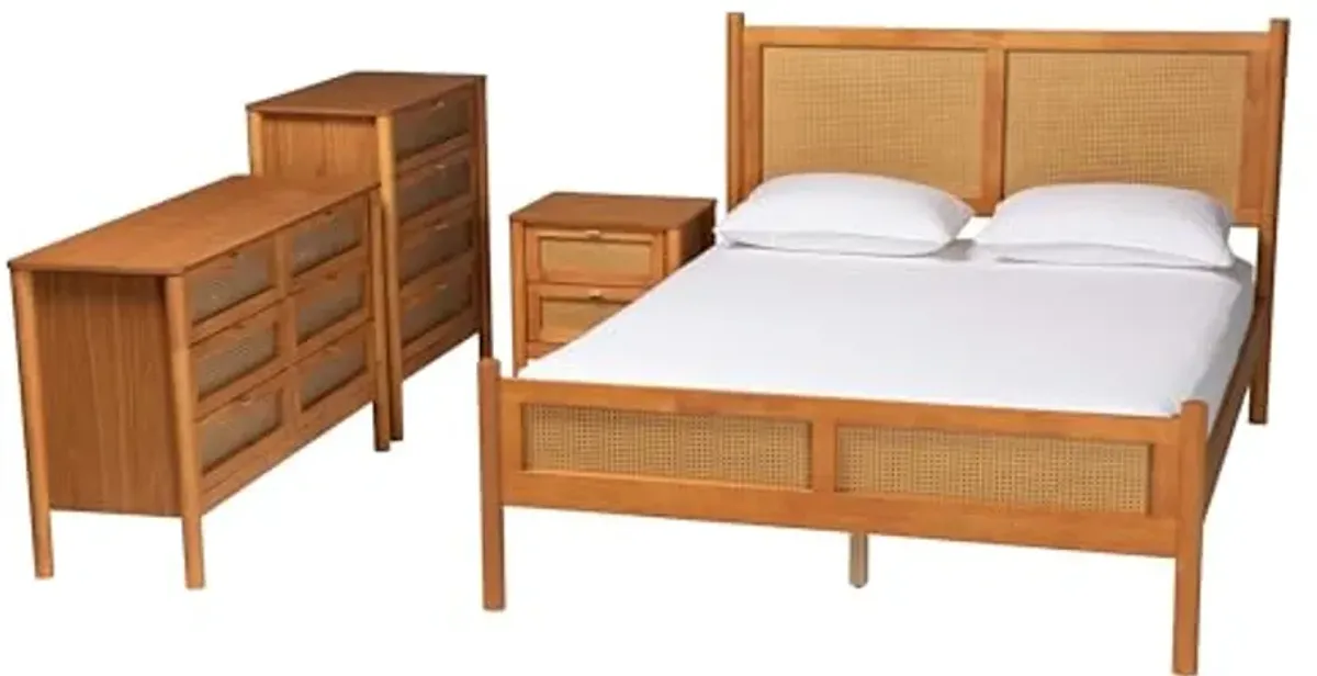 Baxton Studio Jenn Wood Finished Bedroom Set, 4-Piece, Queen, Golden Brown/Distressed Rattan