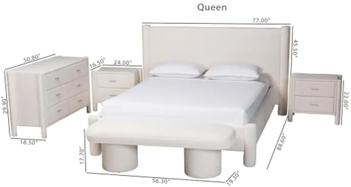 Baxton Studio Laria Teddy-Bear Fabric Bedroom Set, 5-Piece, Queen, White