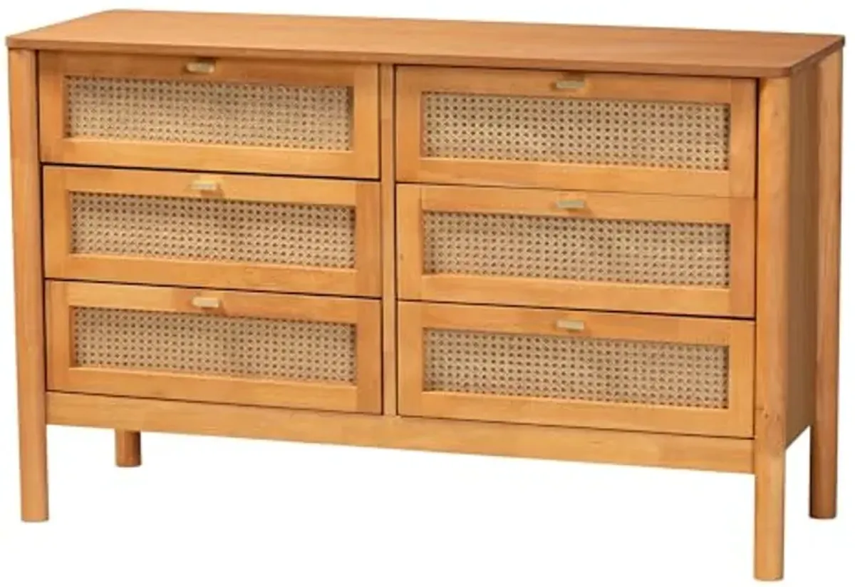 Baxton Studio Jenn Dresser Finished, 6-Drawer, Golden Brown/Distressed Rattan