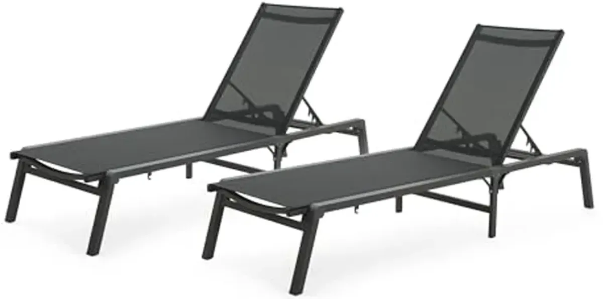 Christopher Knight Home Set of 2 Outdoor Patio Aluminum Adjustable Chaise Lounges with Mesh Seating, Folding Chaise Lounge with Aluminum Frame, Patio Chaise Lounge for Poolside, Balcony, Black