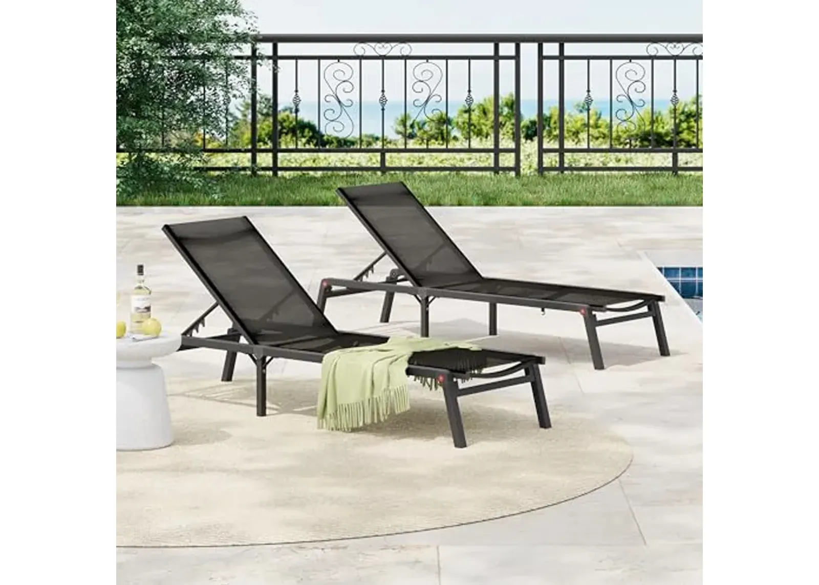 Christopher Knight Home Set of 2 Outdoor Patio Aluminum Adjustable Chaise Lounges with Mesh Seating, Folding Chaise Lounge with Aluminum Frame, Patio Chaise Lounge for Poolside, Balcony, Black