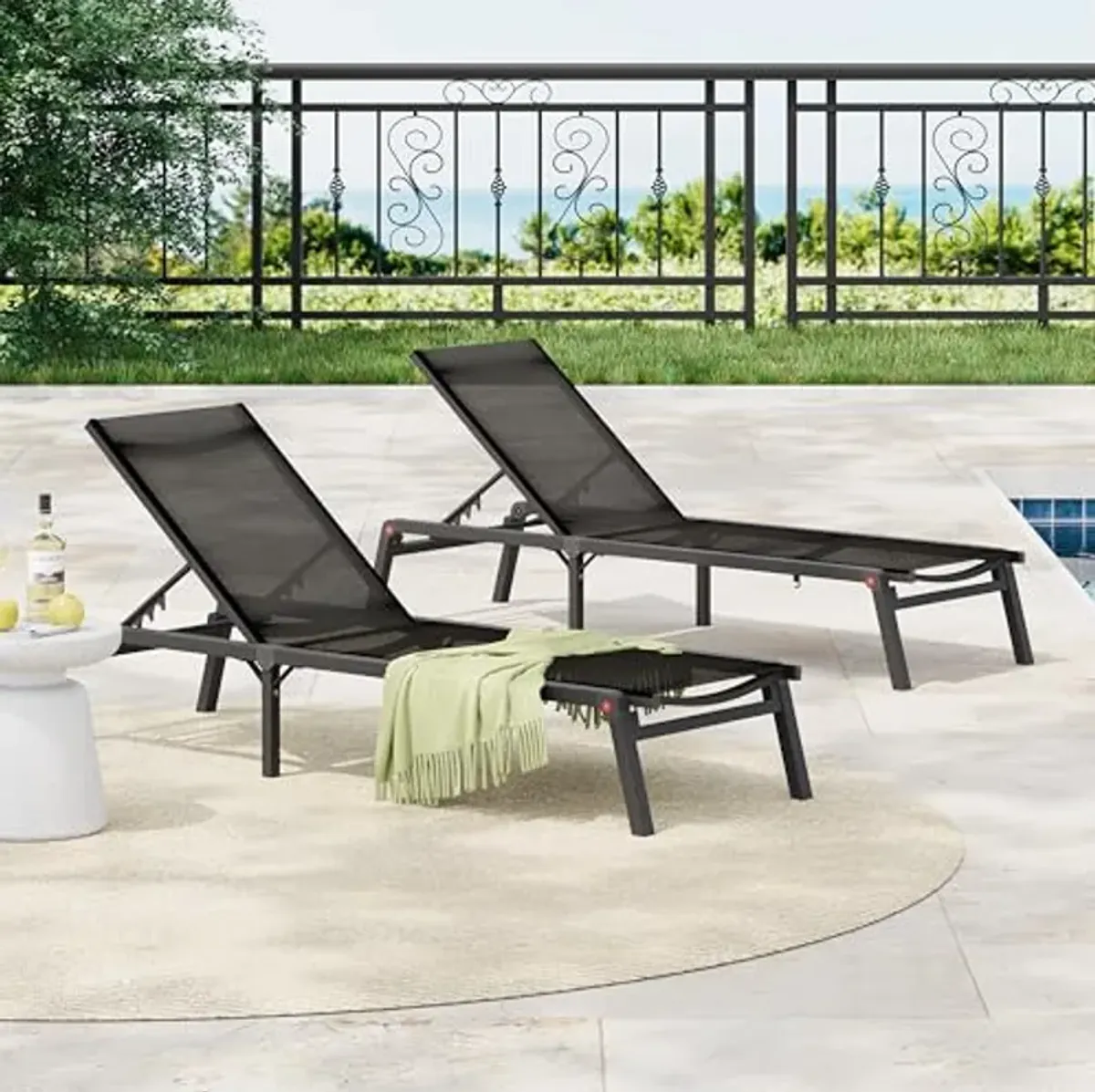 Christopher Knight Home Set of 2 Outdoor Patio Aluminum Adjustable Chaise Lounges with Mesh Seating, Folding Chaise Lounge with Aluminum Frame, Patio Chaise Lounge for Poolside, Balcony, Black