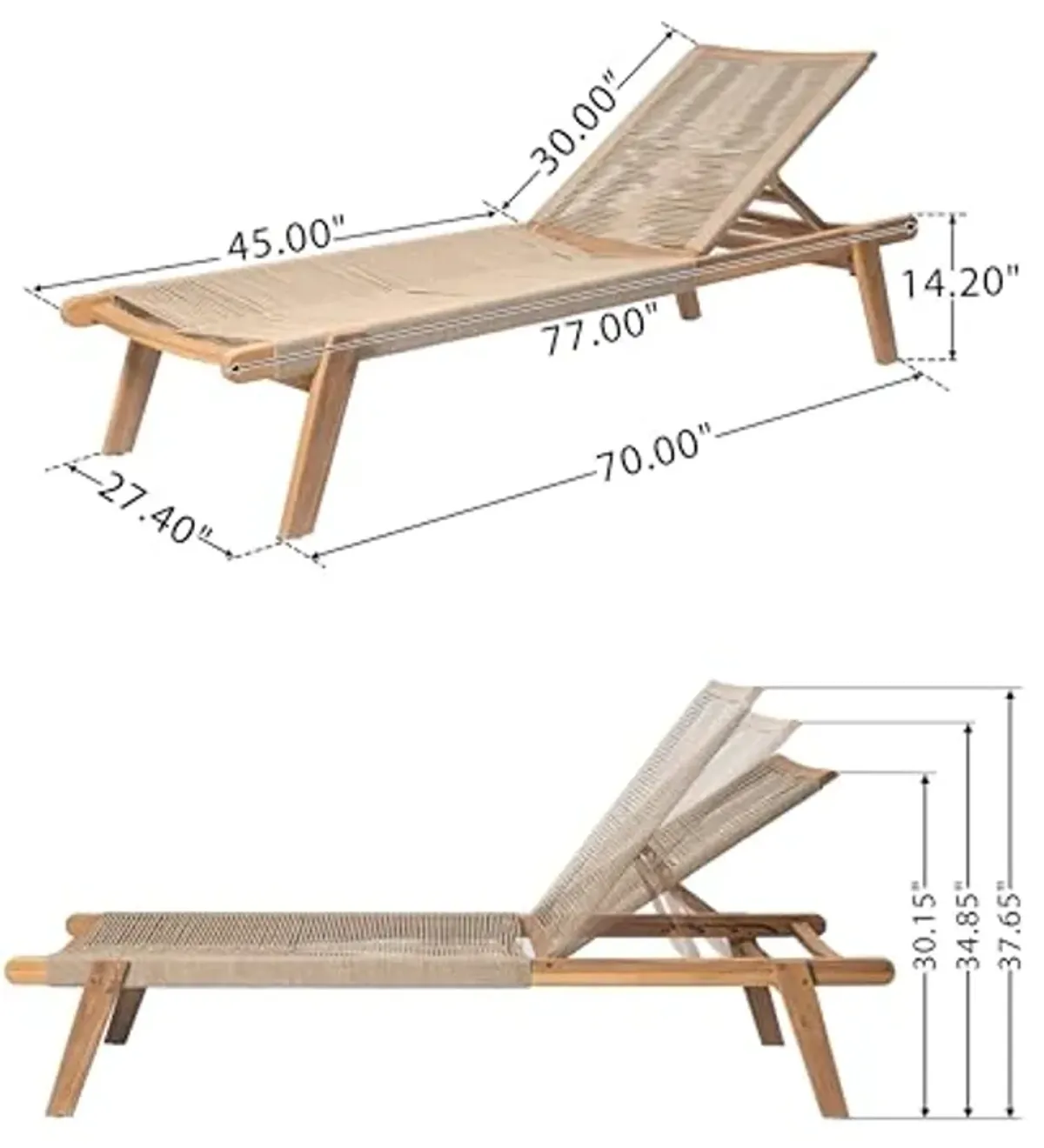 Christopher Knight Home Set of 2 Outdoor Patio Wood Adjustable Chaise Lounges with Rope Seating, Rope Chaise Lounge with Acacia Wood Frame, Chaise Lounge for Poolside, Balcony, Yard, Teak+Beige