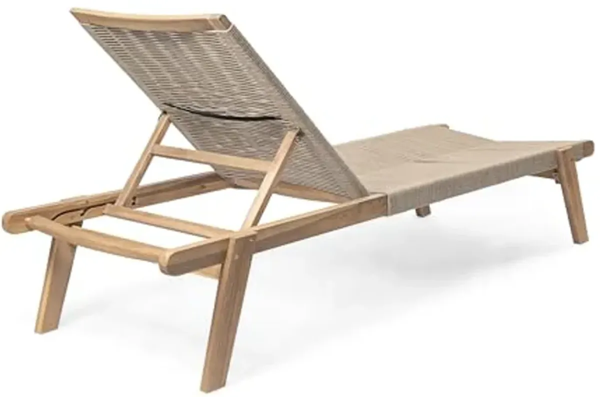 Christopher Knight Home Set of 2 Outdoor Patio Wood Adjustable Chaise Lounges with Rope Seating, Rope Chaise Lounge with Acacia Wood Frame, Chaise Lounge for Poolside, Balcony, Yard, Teak+Beige