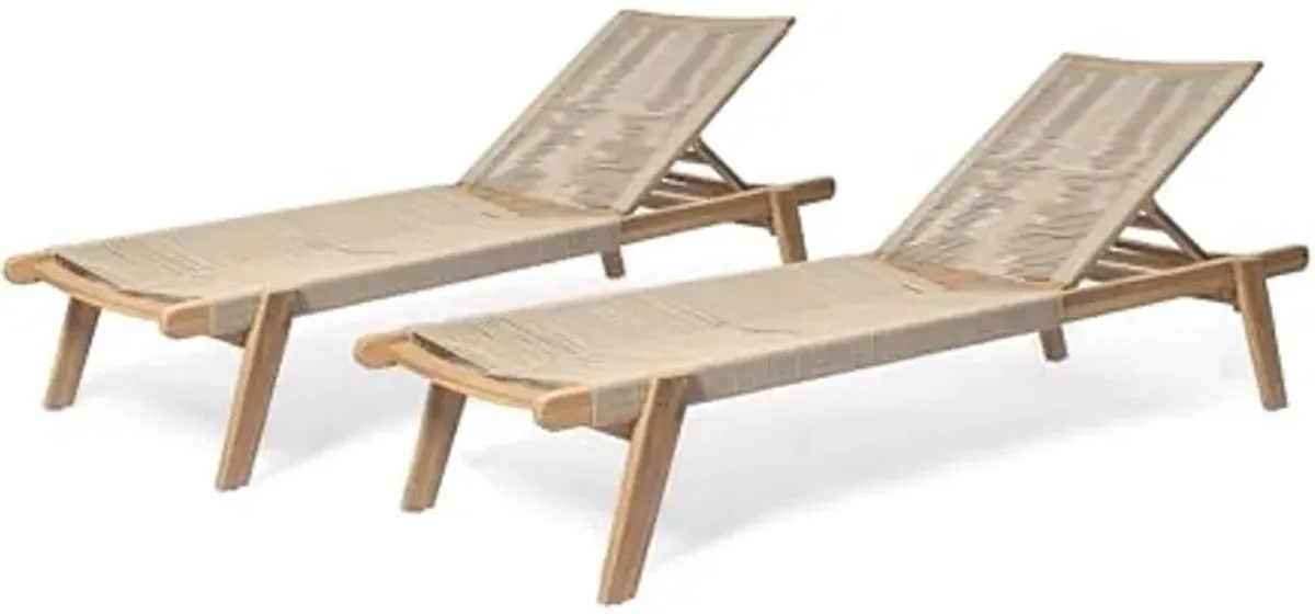 Christopher Knight Home Set of 2 Outdoor Patio Wood Adjustable Chaise Lounges with Rope Seating, Rope Chaise Lounge with Acacia Wood Frame, Chaise Lounge for Poolside, Balcony, Yard, Teak+Beige