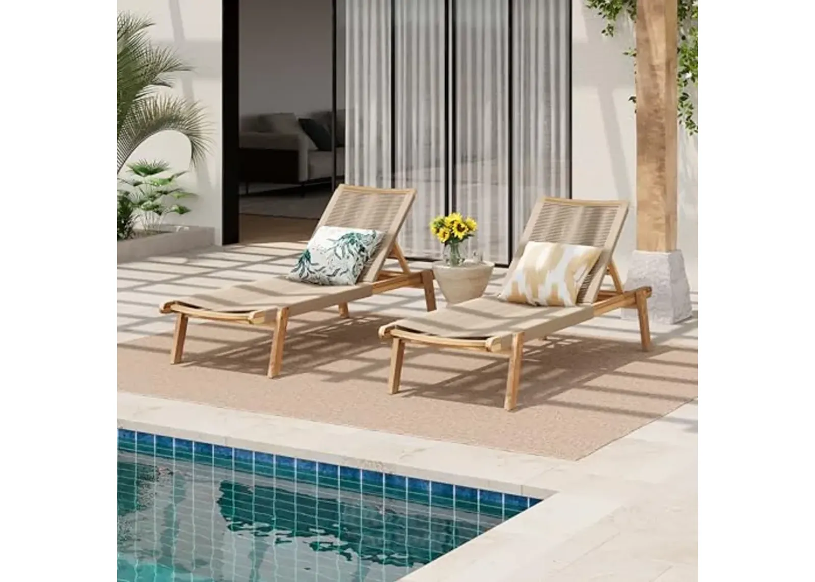 Christopher Knight Home Set of 2 Outdoor Patio Wood Adjustable Chaise Lounges with Rope Seating, Rope Chaise Lounge with Acacia Wood Frame, Chaise Lounge for Poolside, Balcony, Yard, Teak+Beige