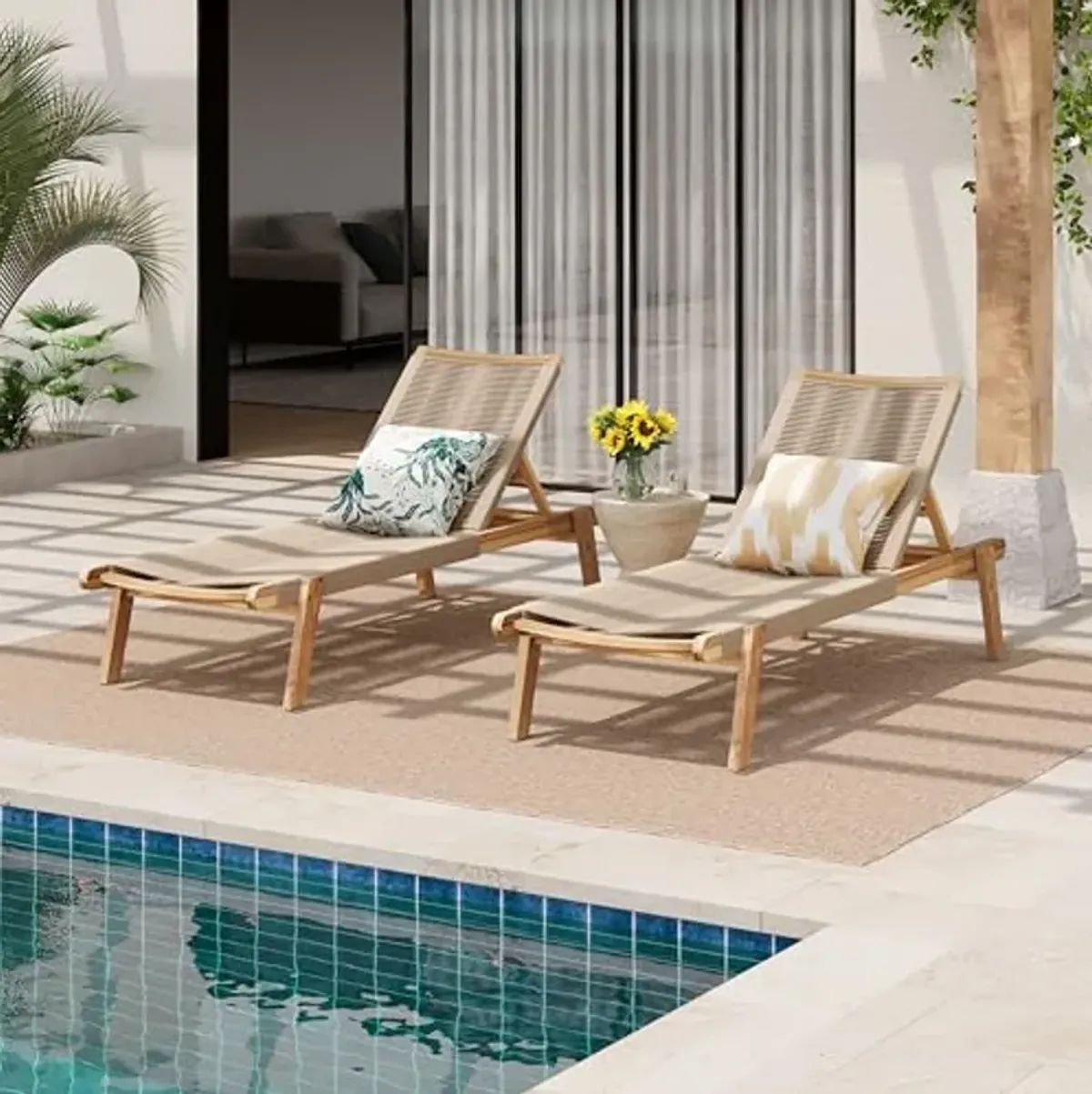 Christopher Knight Home Set of 2 Outdoor Patio Wood Adjustable Chaise Lounges with Rope Seating, Rope Chaise Lounge with Acacia Wood Frame, Chaise Lounge for Poolside, Balcony, Yard, Teak+Beige