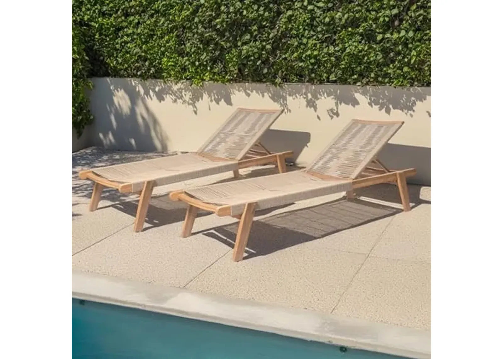 Christopher Knight Home Set of 2 Outdoor Patio Wood Adjustable Chaise Lounges with Rope Seating, Rope Chaise Lounge with Acacia Wood Frame, Chaise Lounge for Poolside, Balcony, Yard, Teak+Beige