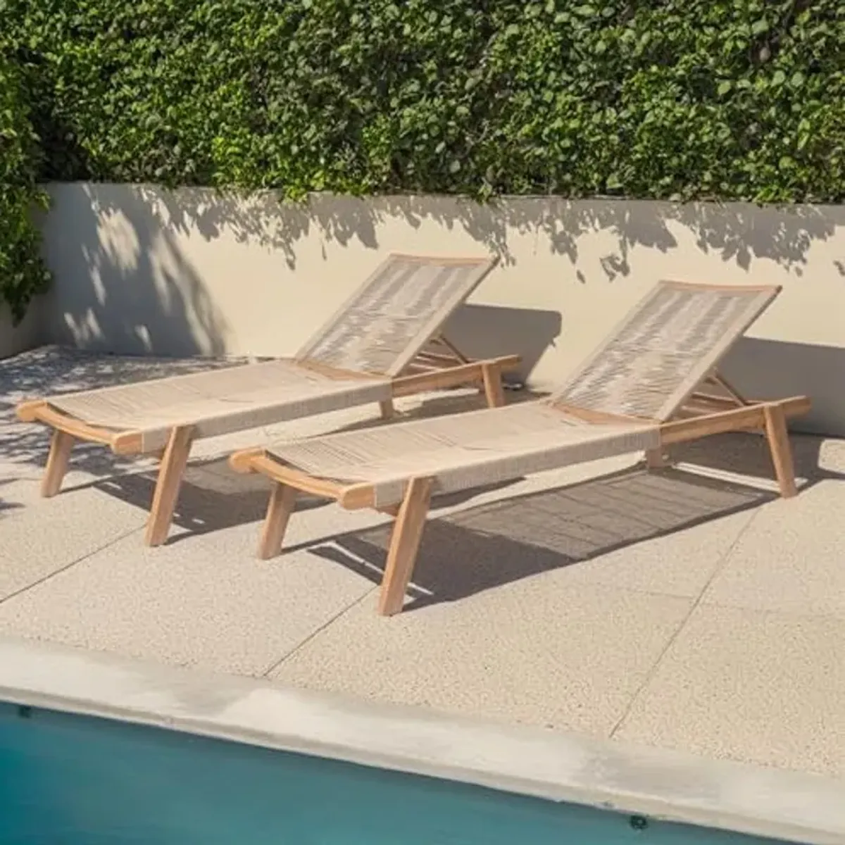 Christopher Knight Home Set of 2 Outdoor Patio Wood Adjustable Chaise Lounges with Rope Seating, Rope Chaise Lounge with Acacia Wood Frame, Chaise Lounge for Poolside, Balcony, Yard, Teak+Beige