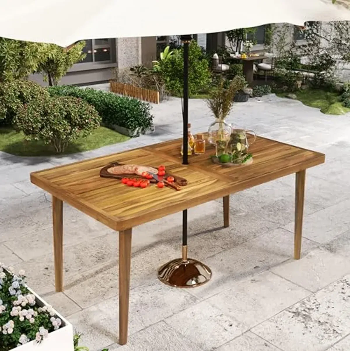 Christopher Knight Home Patio Rectangular Acacia Wood Dining Table with Umbrella Hole, Sturdy Table for Outdoor Dining, BBQ, Garden, Pair with Dining Chair/Bench, Teak Finish