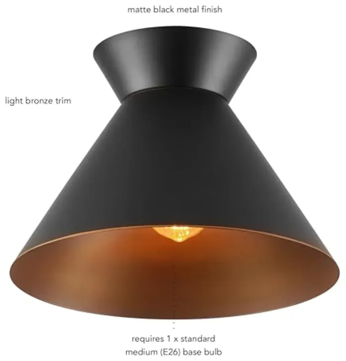 Novogratz x Globe 1-Light Flush Mount Ceiling Light, Matte Black, Bronze Trim on Shade and Canopy, Accent, Kitchen, Home Improvement, Hallway, Front Door, Entry, Dimmable