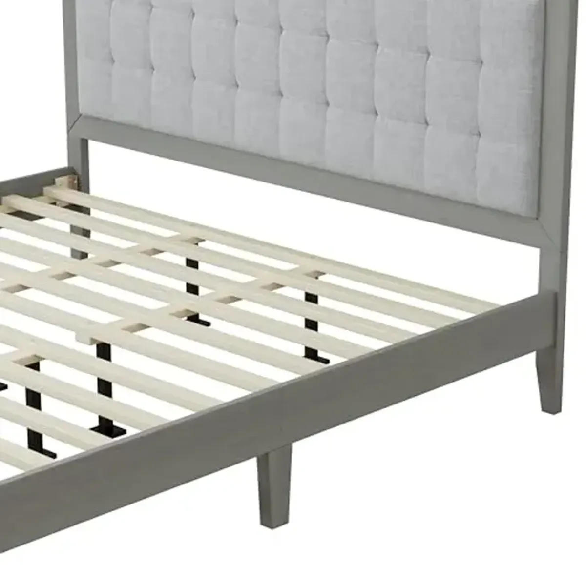 Christopher Knight Home Gray Platform Bed, Solid Wood Bed Frame with Tufted Square Headboard, Upholstered Design Headboard, Wood Bed Support and Slat, Mid Century Modern Design Bed Set, King Size