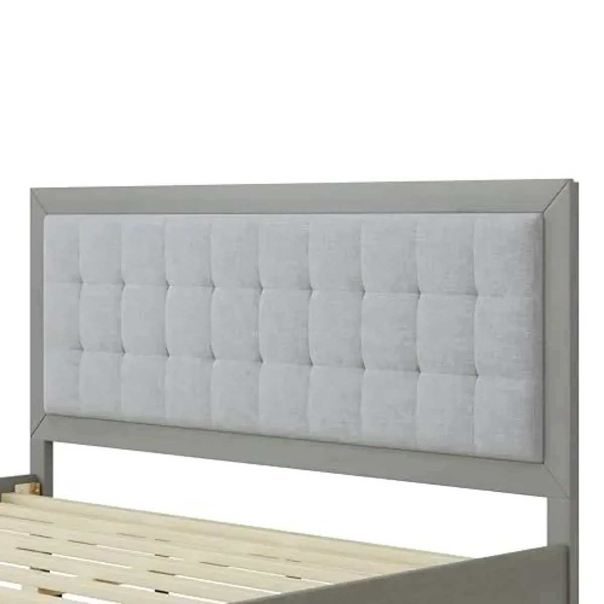 Christopher Knight Home Gray Platform Bed, Solid Wood Bed Frame with Tufted Square Headboard, Upholstered Design Headboard, Wood Bed Support and Slat, Mid Century Modern Design Bed Set, Cal King Size