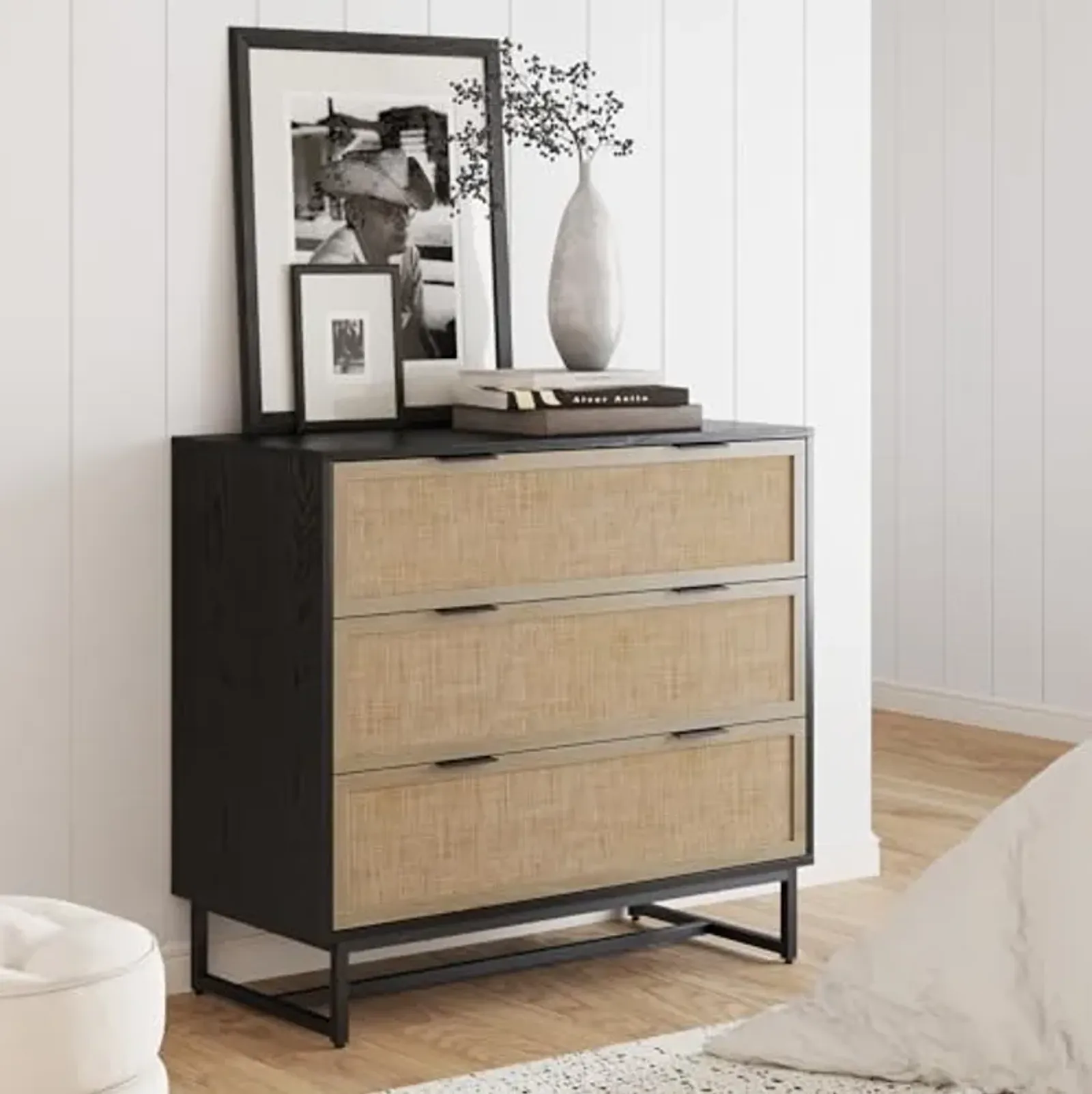 Nathan James Kova Boho Dresser or Storage Cabinet with Drawers for Bedroom or Nursery with Textilene Rattan Accent and Metal Legs, Black Oak