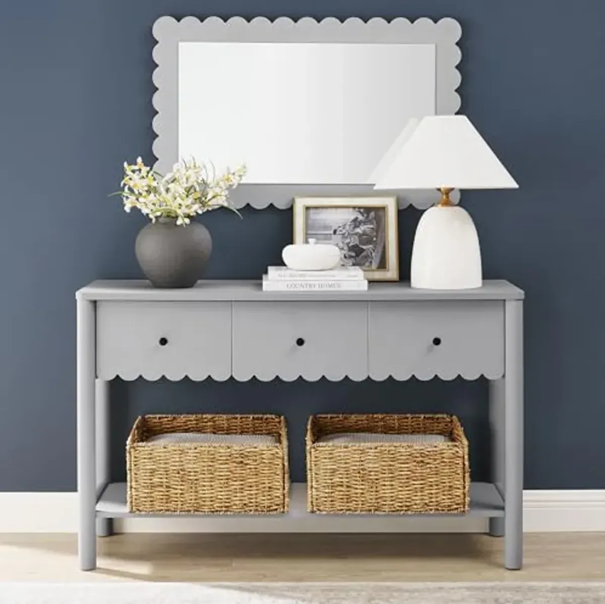 Modway Emmeline 3-Drawer Scalloped Console Table in Light Gray