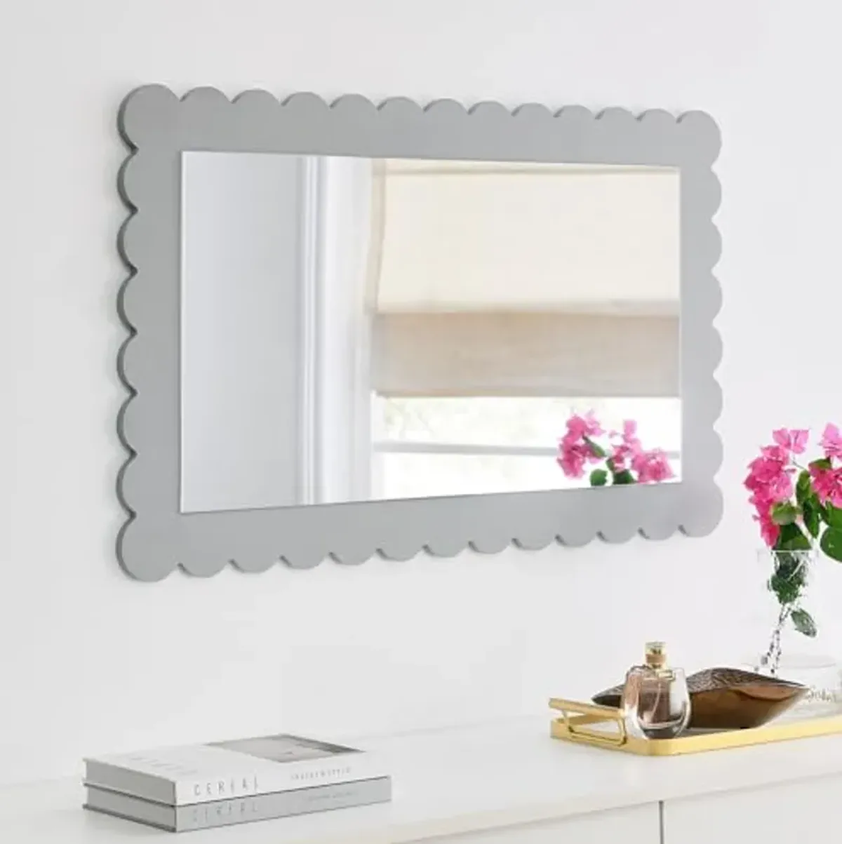 Modway Emmeline Scalloped Rectangle Wall Mirror in Light Gray