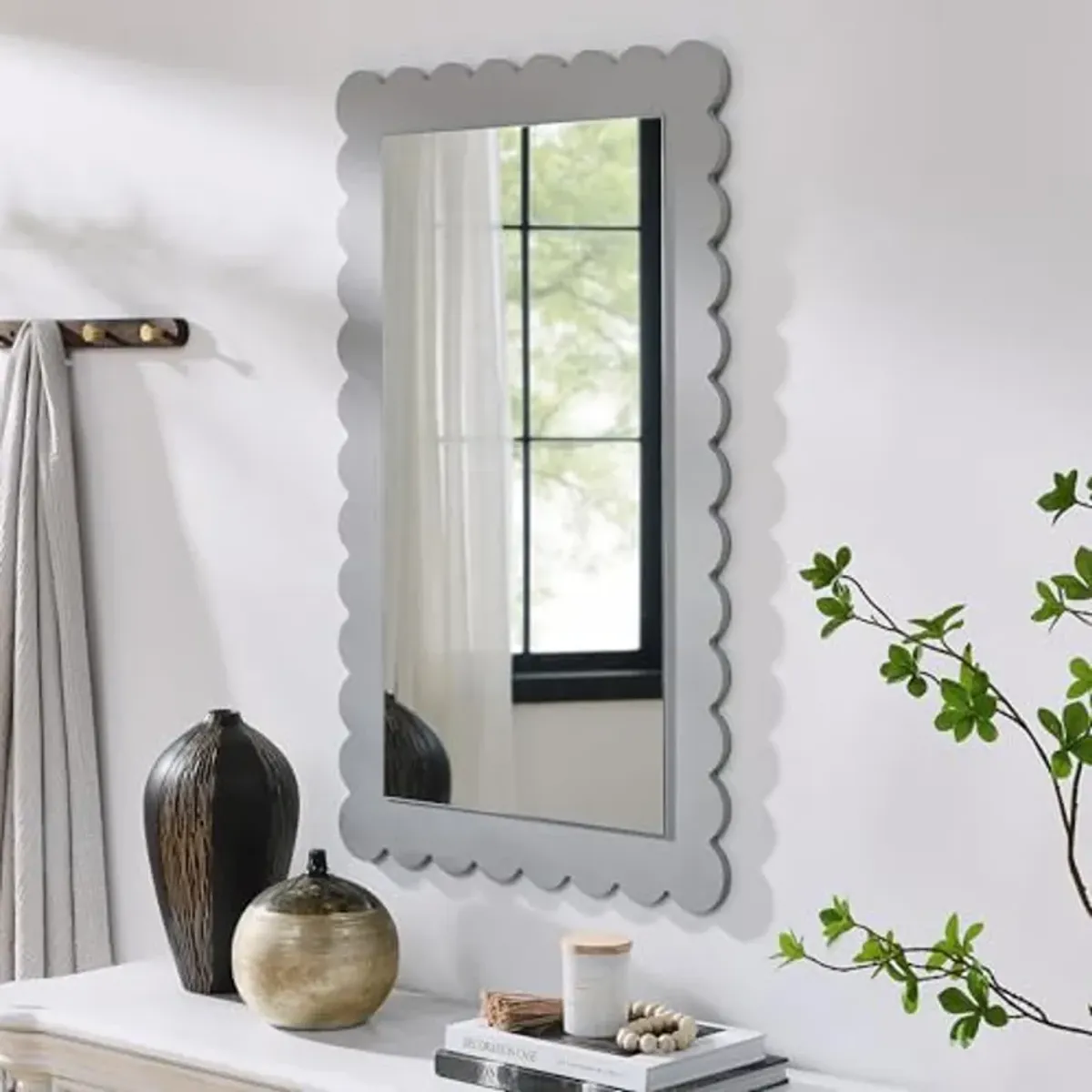 Modway Emmeline Scalloped Rectangle Wall Mirror in Light Gray