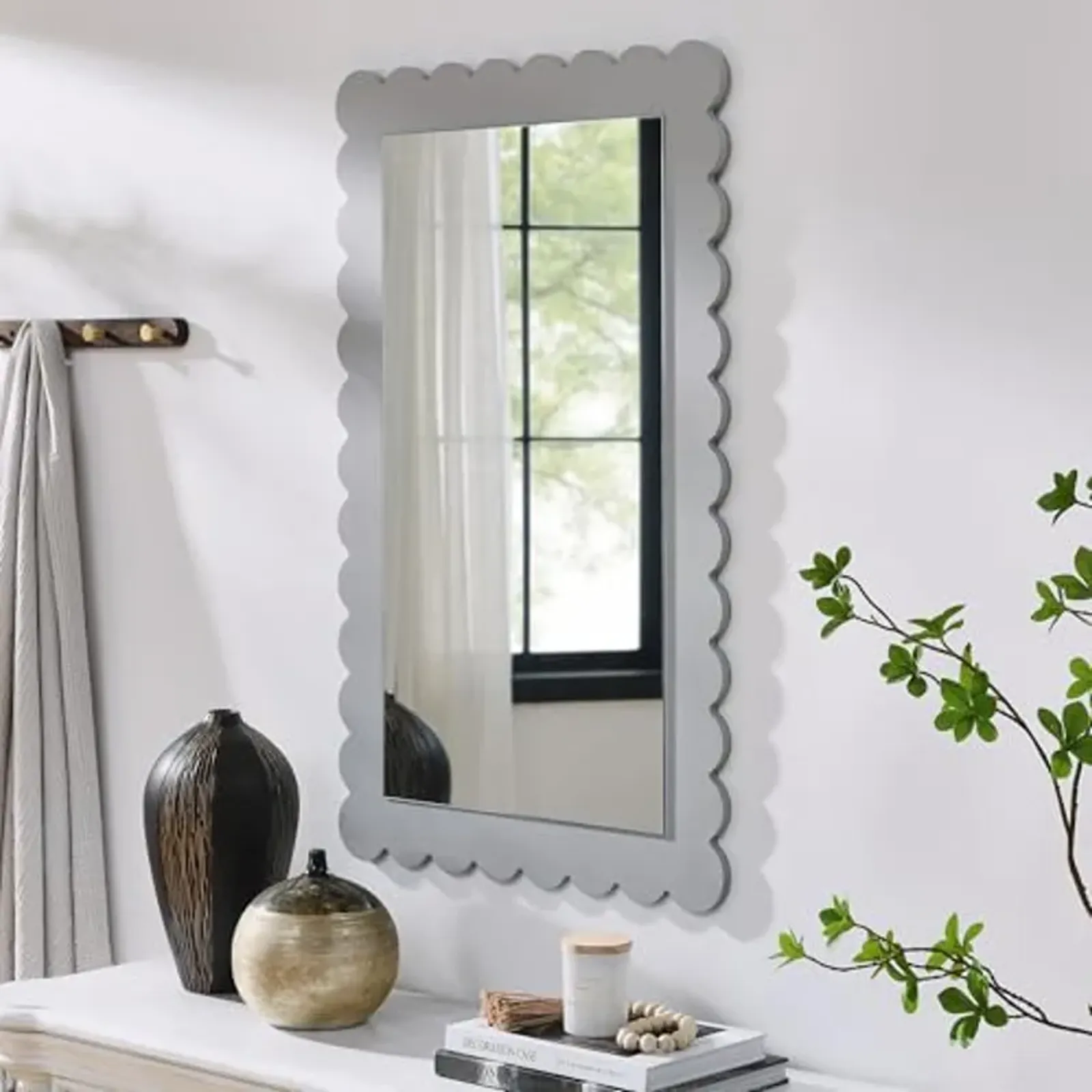 Modway Emmeline Scalloped Rectangle Wall Mirror in Light Gray