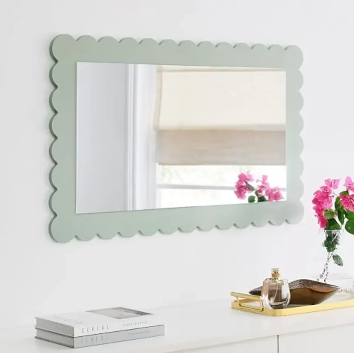 Modway Emmeline Scalloped Rectangle Wall Mirror in Sage