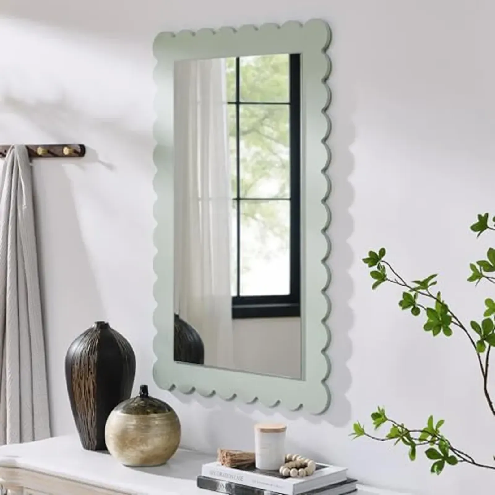 Modway Emmeline Scalloped Rectangle Wall Mirror in Sage