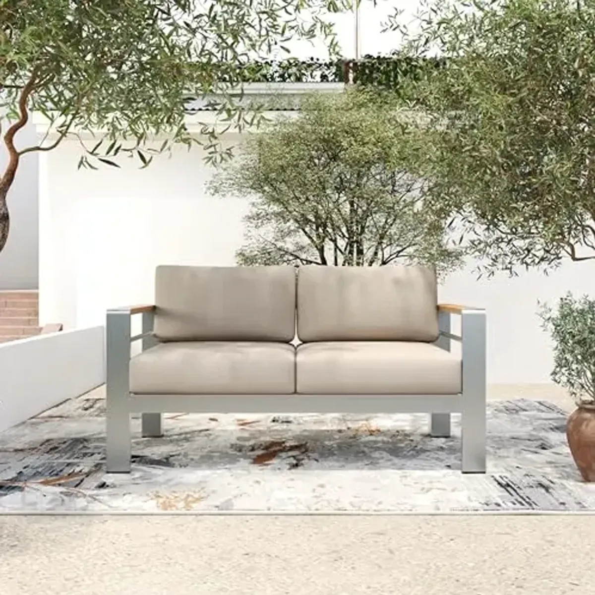 Christopher Knight Home Aluminum Patio Loveseat with Removable Cushion, All-Weather Metal Outdoor Sofa, Patio Furniture Set, Comfy Reading Sofa Couch, Silver+Beige+Natural