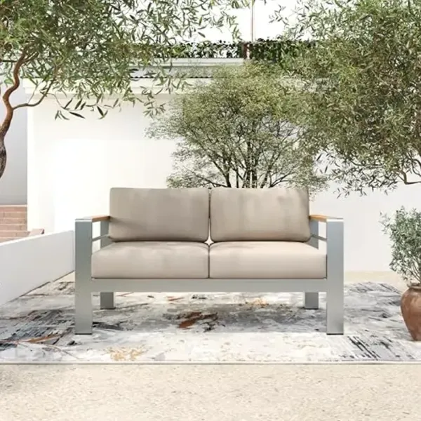 Christopher Knight Home Aluminum Patio Loveseat with Removable Cushion, All-Weather Metal Outdoor Sofa, Patio Furniture Set, Comfy Reading Sofa Couch, Silver+Beige+Natural