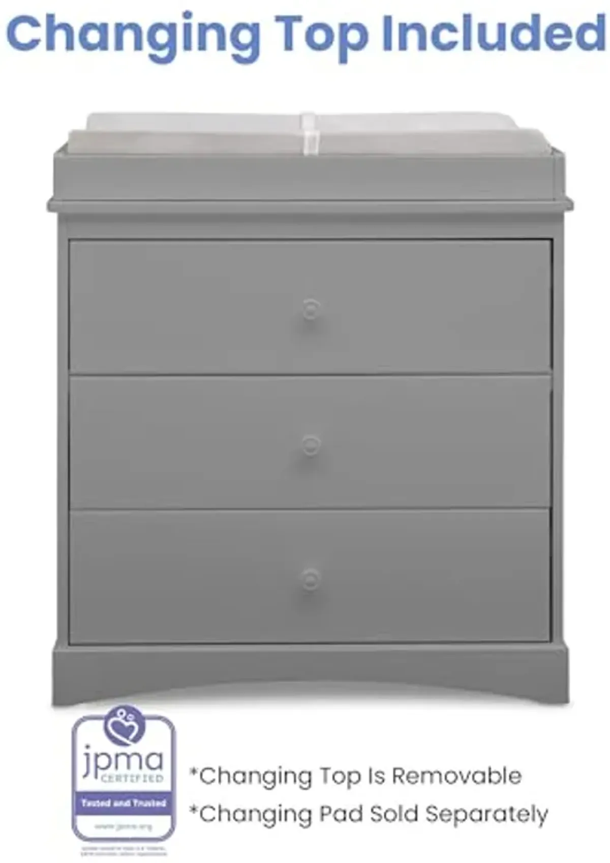 Delta Children Sutton 3 Drawer Dresser with Changing Top and Interlocking Drawers - Greenguard Gold Certified, Grey