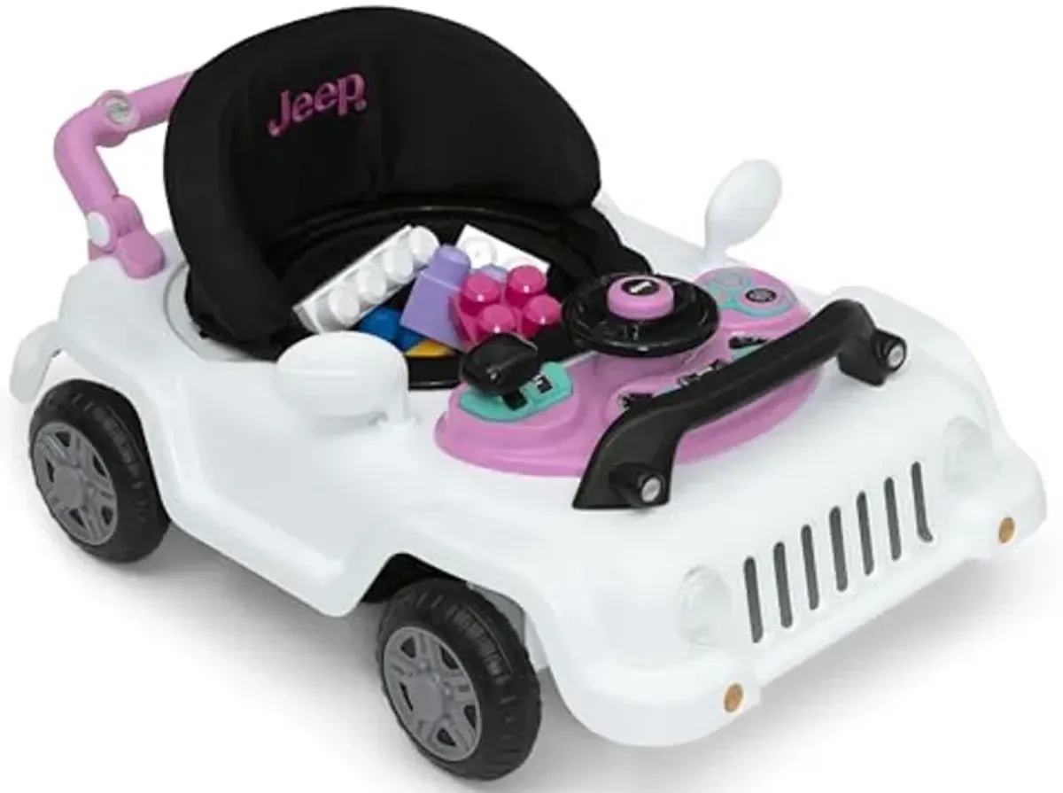 Jeep Classic Wrangler 3-in-1 Grow with Me Activity Walker - Features Music, Lights, Removable Play Tray, Push Walker Mode, Converts into Rolling Car Toy, White/Pink