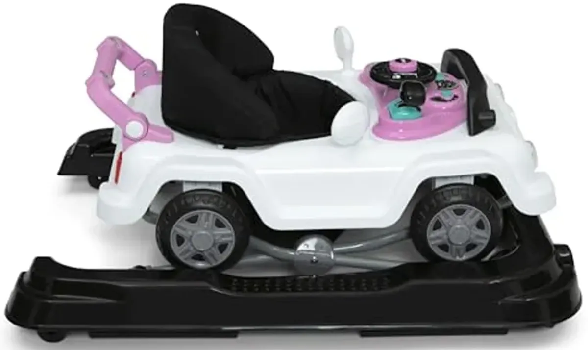 Jeep Classic Wrangler 3-in-1 Grow with Me Activity Walker - Features Music, Lights, Removable Play Tray, Push Walker Mode, Converts into Rolling Car Toy, White/Pink