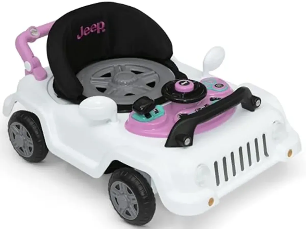 Jeep Classic Wrangler 3-in-1 Grow with Me Activity Walker - Features Music, Lights, Removable Play Tray, Push Walker Mode, Converts into Rolling Car Toy, White/Pink