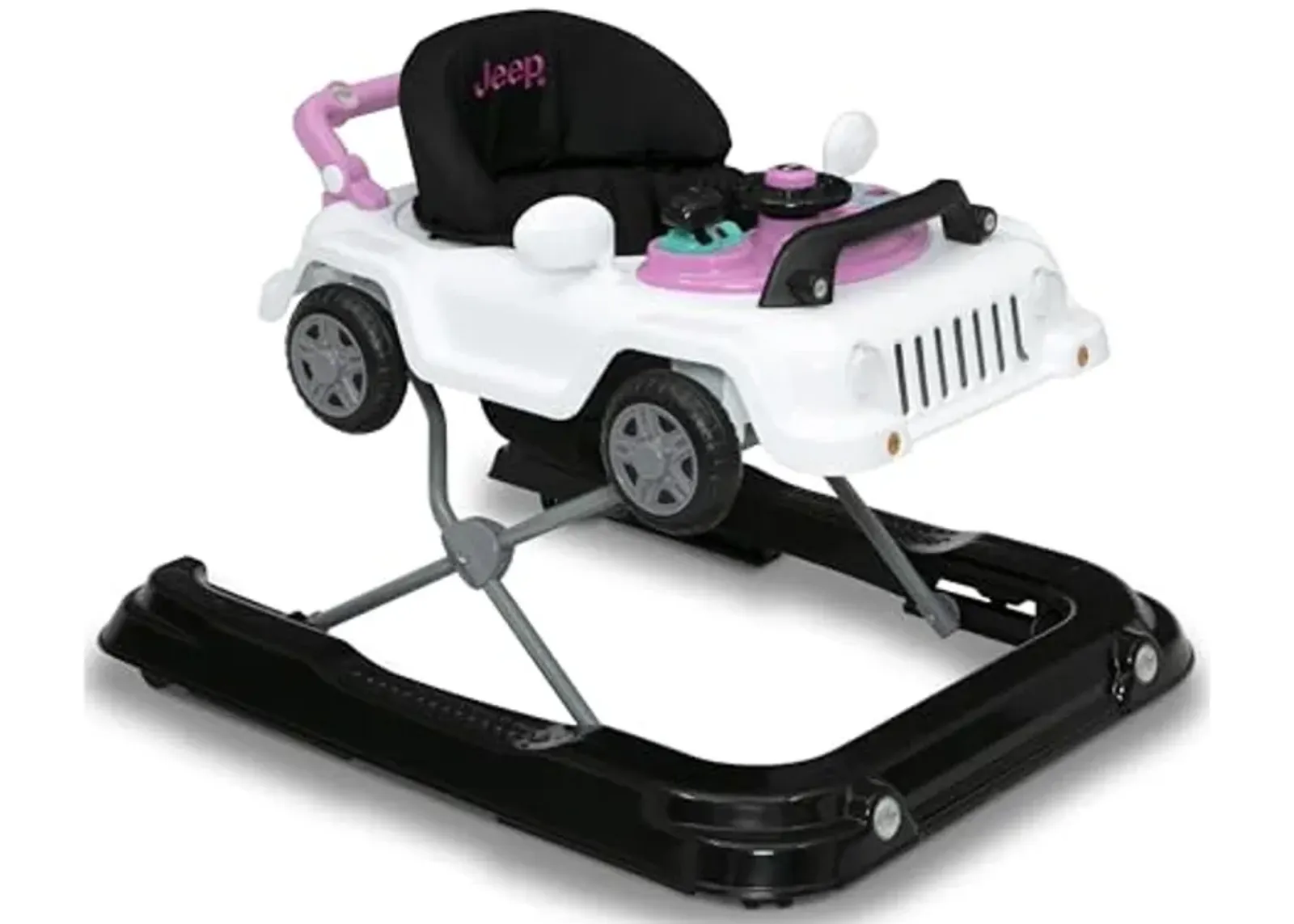 Jeep Classic Wrangler 3-in-1 Grow with Me Activity Walker - Features Music, Lights, Removable Play Tray, Push Walker Mode, Converts into Rolling Car Toy, White/Pink