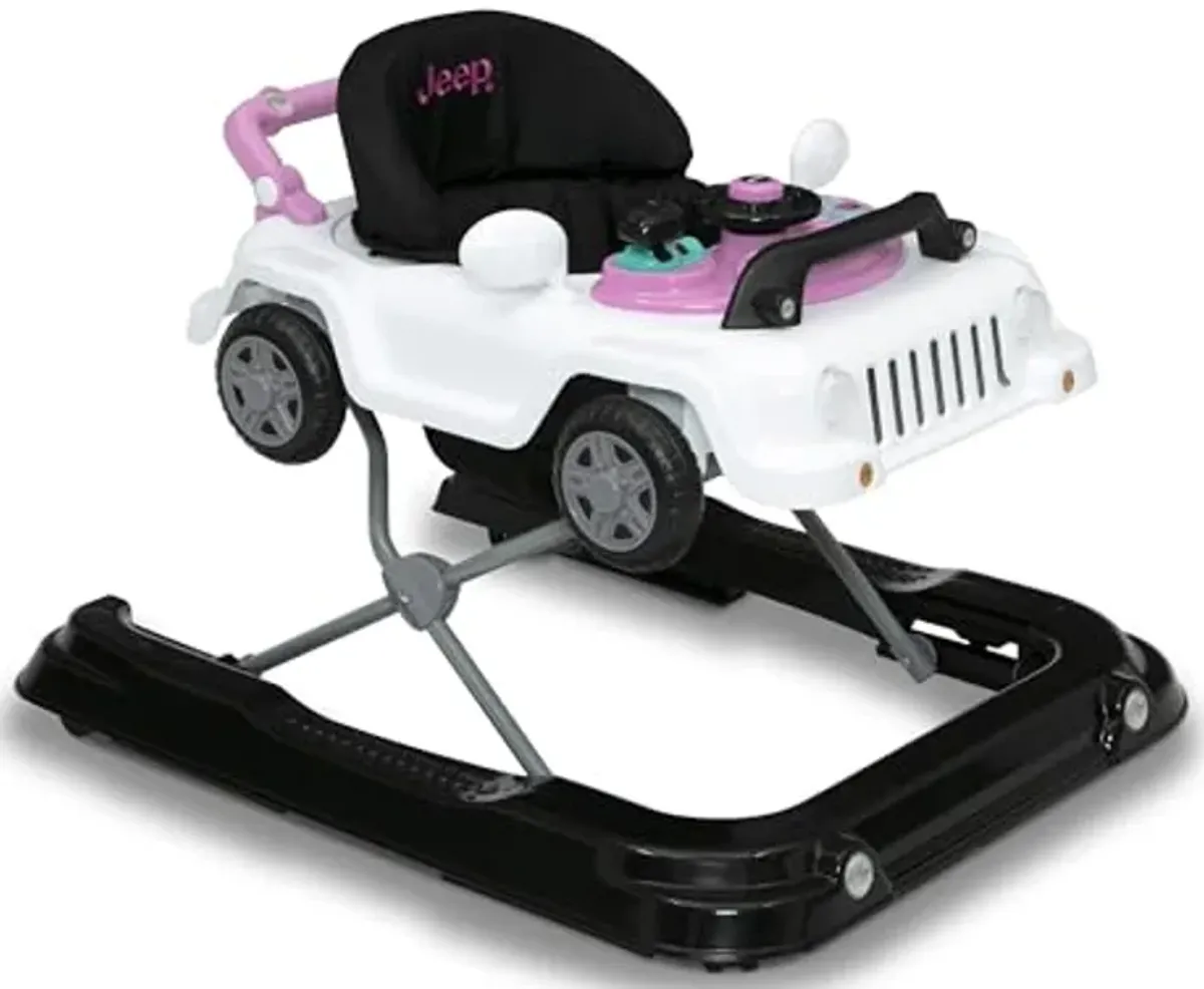 Delta Children Jeep Classic Wrangler 3-in-1 Grow with Me Activity Walker - Features Music, Lights, Removable Play Tray, Push Walker Mode, Converts into Rolling Car Toy, White/Pink