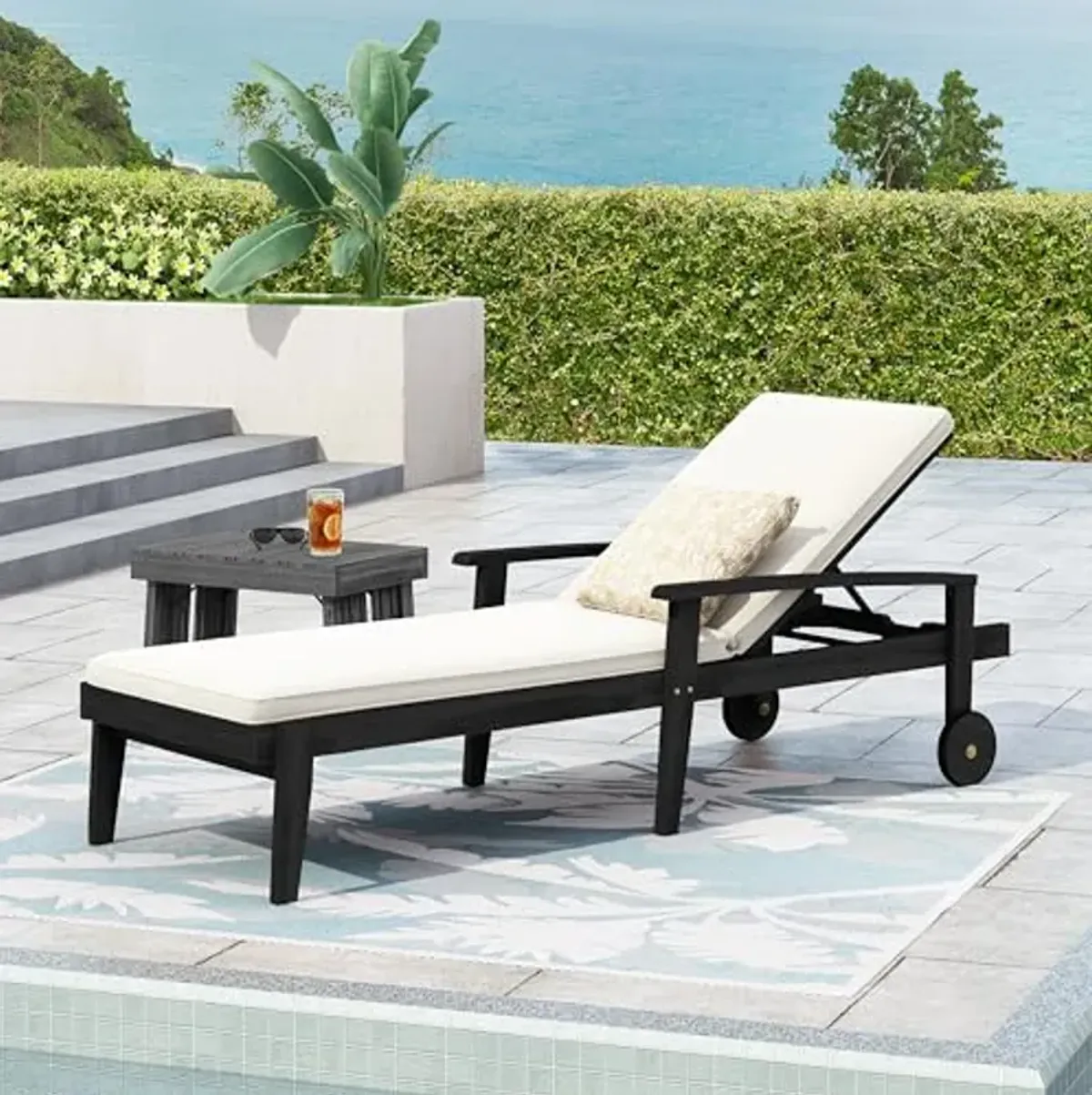 Christopher Knight Home Outdoor Chaise Lounge, Acacia Wood Adjustable Chaise Lounge, 5-Position Backrest Recliner, Soft Cushion Lounge, Flat Tanning Chair with wheel for Backyard, Balcony, Black White