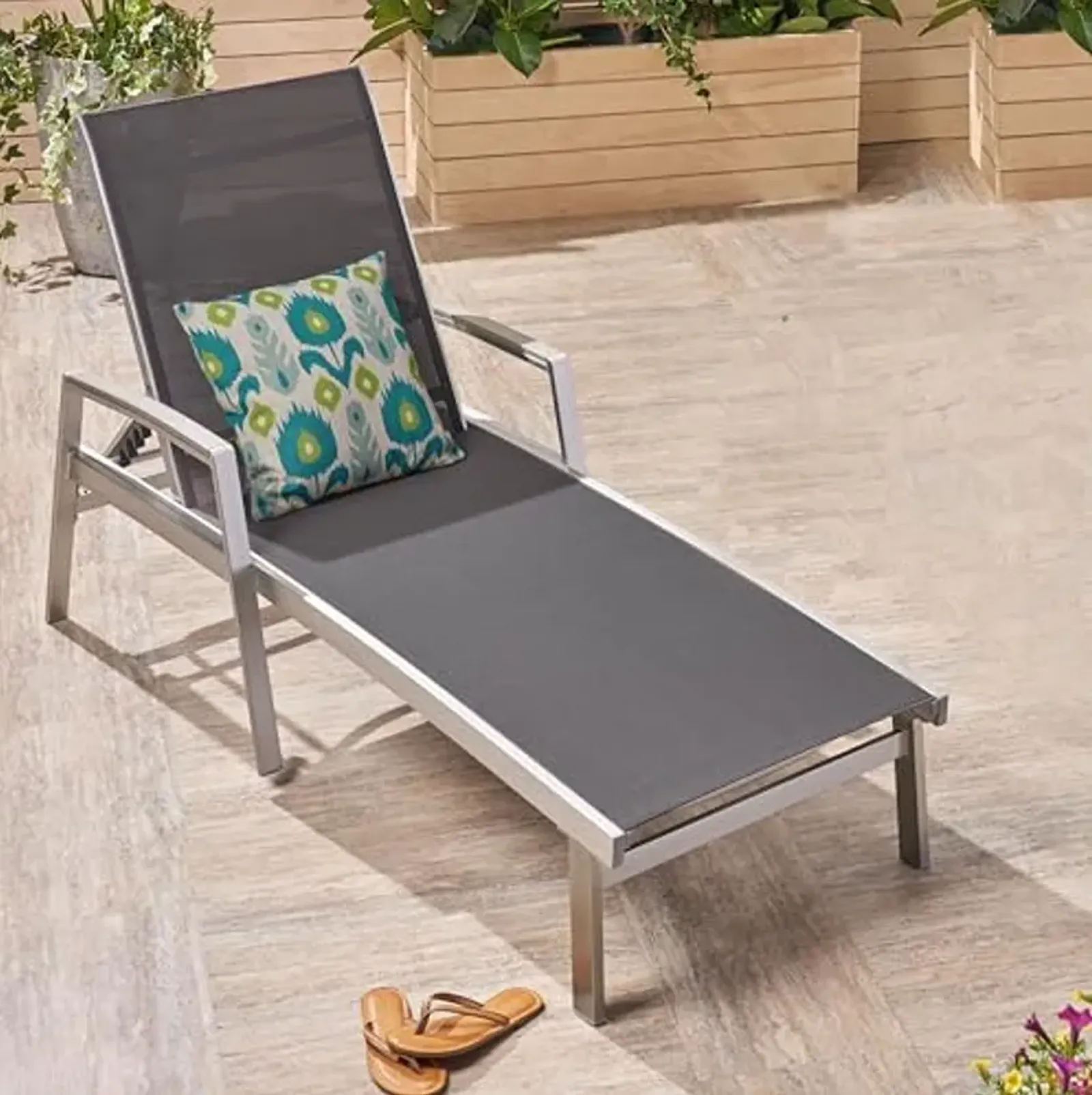 Christopher Knight Home Outdoor Chaise Lounge, Aluminum Adjustable Chaise Lounge, 5-Position Backrest Recliner, Lounge Chair with Mesh Seating, Flat Tanning Chair for Patio, Beach, Balcony, Grey