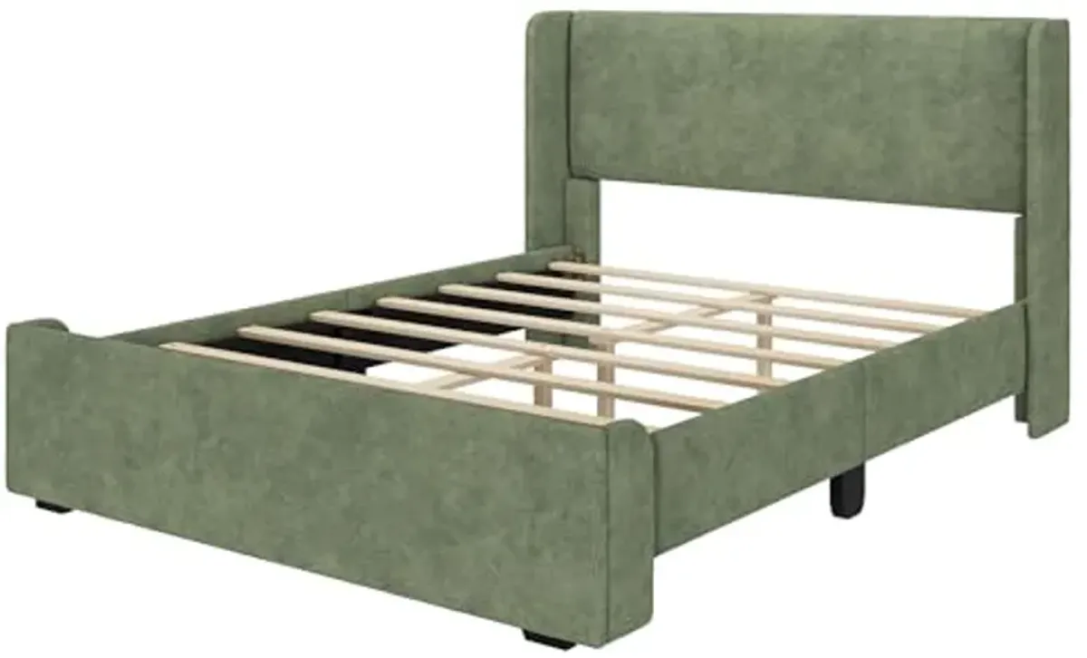 Max & Lily Upholstered Full Bed Frame with Rectangular Headboard, Upholstered Platform Bed for Kids, No Box Spring Needed, Easy Assembly, Green