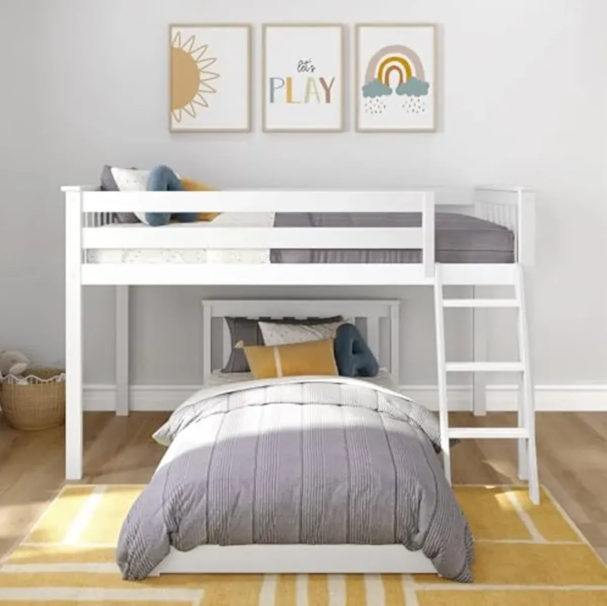 Max & Lily Low Loft Bed, Twin Bed Frame for Kids, White Classic Twin Floor Bed, 79.75 Inches, Solid Wood Low Bed Frame for Kids, Modern Floor Bed for Bedroom, White