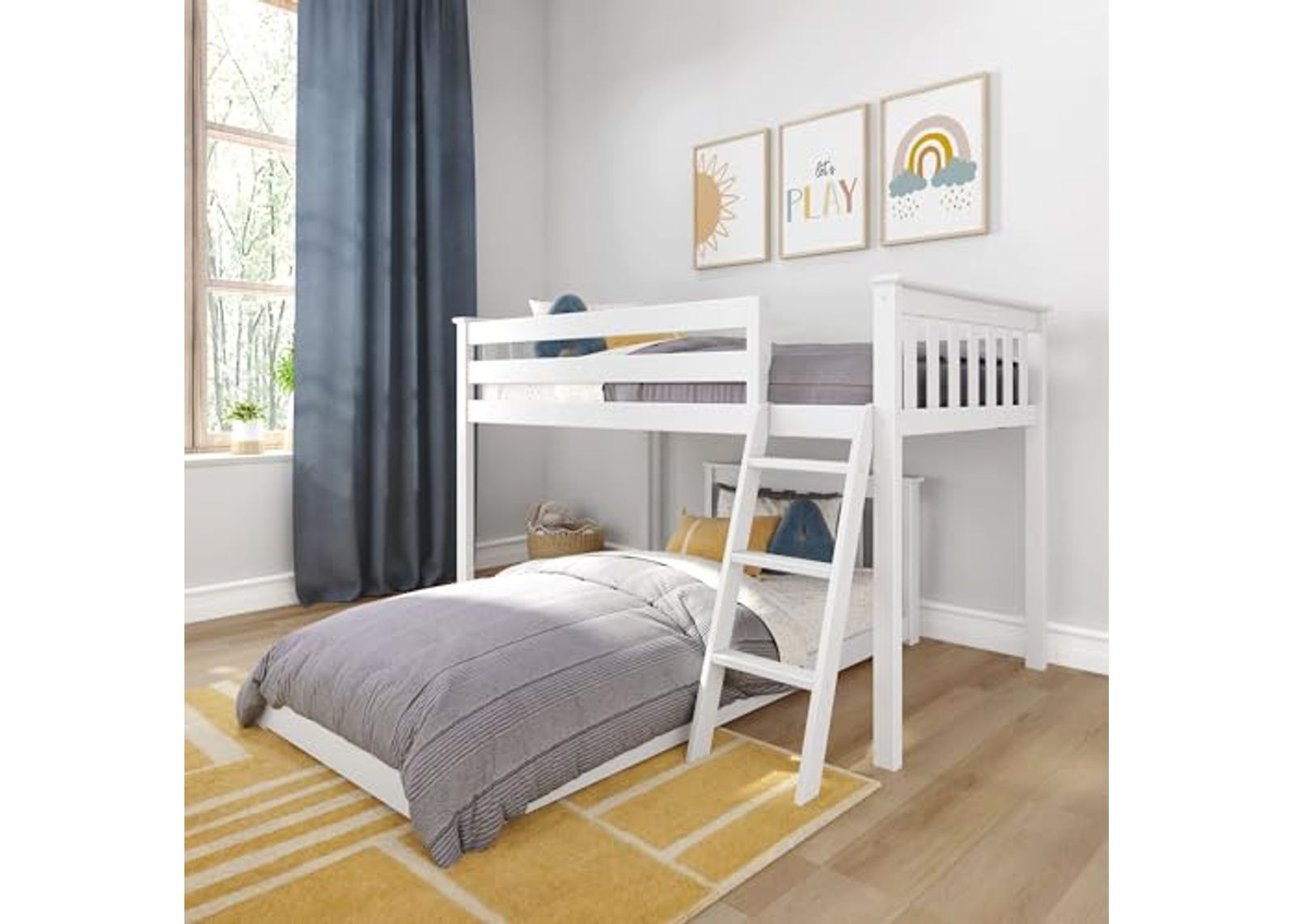 Max & Lily Low Loft Bed, Twin Bed Frame for Kids, White Classic Twin Floor Bed, 79.75 Inches, Solid Wood Low Bed Frame for Kids, Modern Floor Bed for Bedroom, White