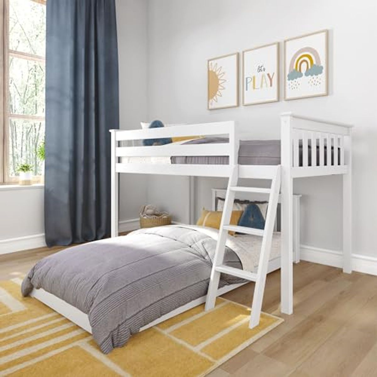 Max & Lily Low Loft Bed, Twin Bed Frame for Kids, White Classic Twin Floor Bed, 79.75 Inches, Solid Wood Low Bed Frame for Kids, Modern Floor Bed for Bedroom, White