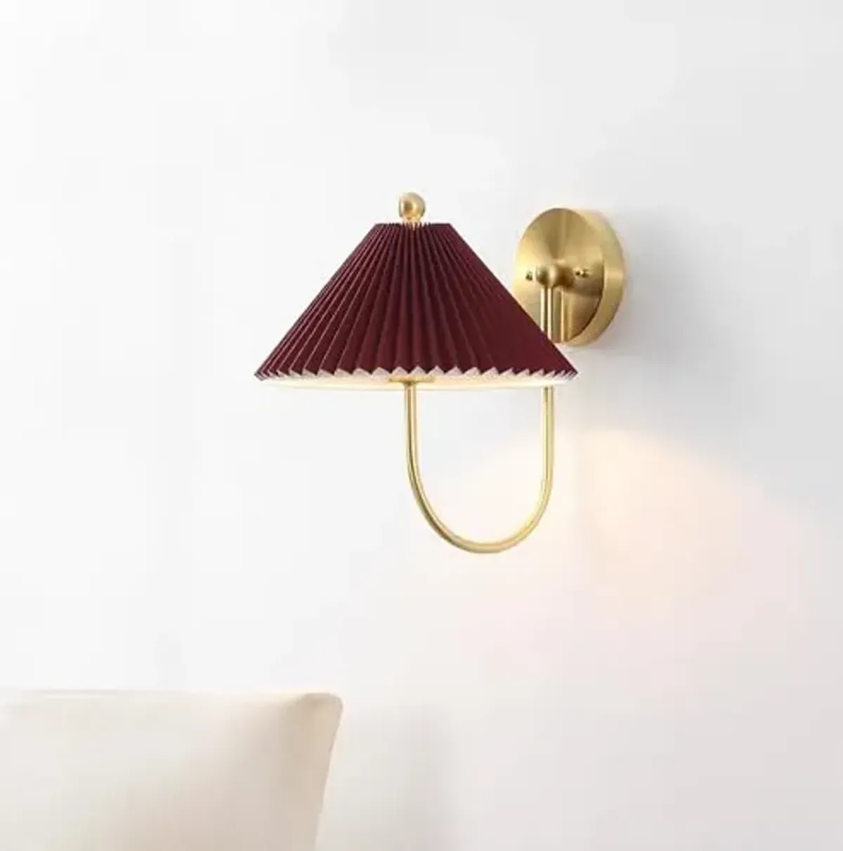 SAFAVIEH Lighting Collection Chrissy Burgundy/Brass Fabric/Metal Wall Sconce Set of 2 (LED Bulbs Included)
