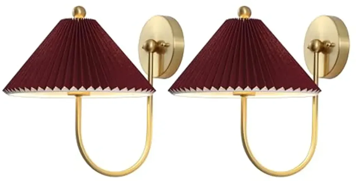 SAFAVIEH Lighting Collection Chrissy Burgundy/Brass Fabric/Metal Wall Sconce Set of 2 (LED Bulbs Included)