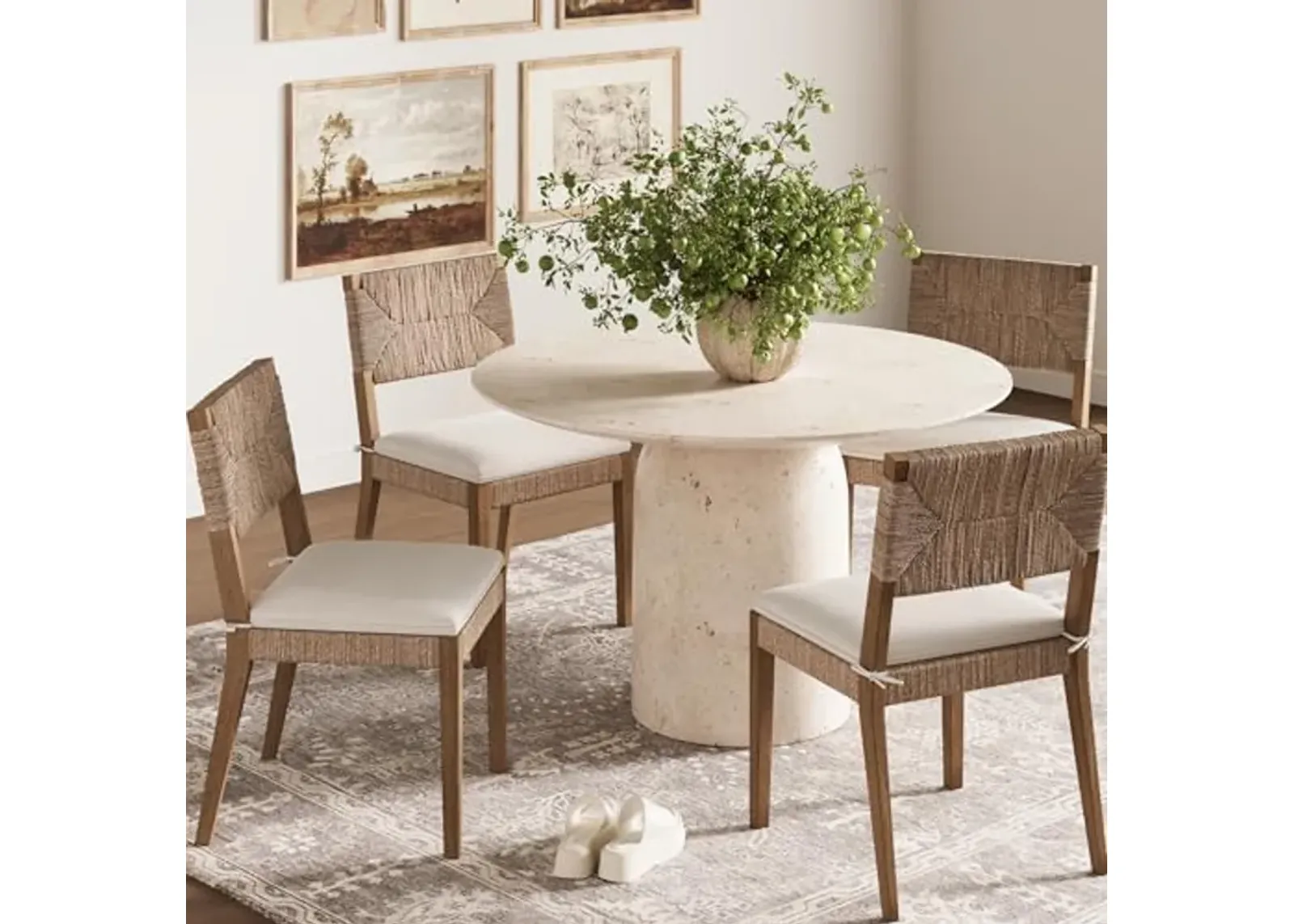 Nathan James Beacon Boho Dining Chair Set of 4, Boucle Dining Chair with Seagrass Accent and Solid Wood Legs, Cream Boucle/Light Brown