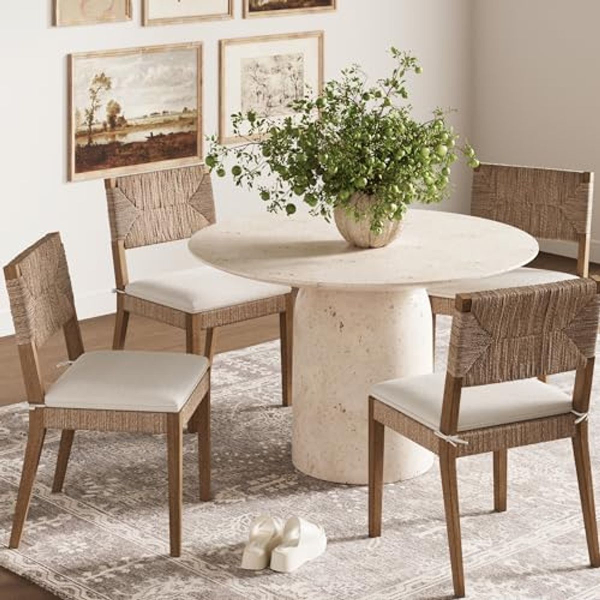 Nathan James Beacon Boho Dining Chair Set of 4, Boucle Dining Chair with Seagrass Accent and Solid Wood Legs, Cream Boucle/Light Brown