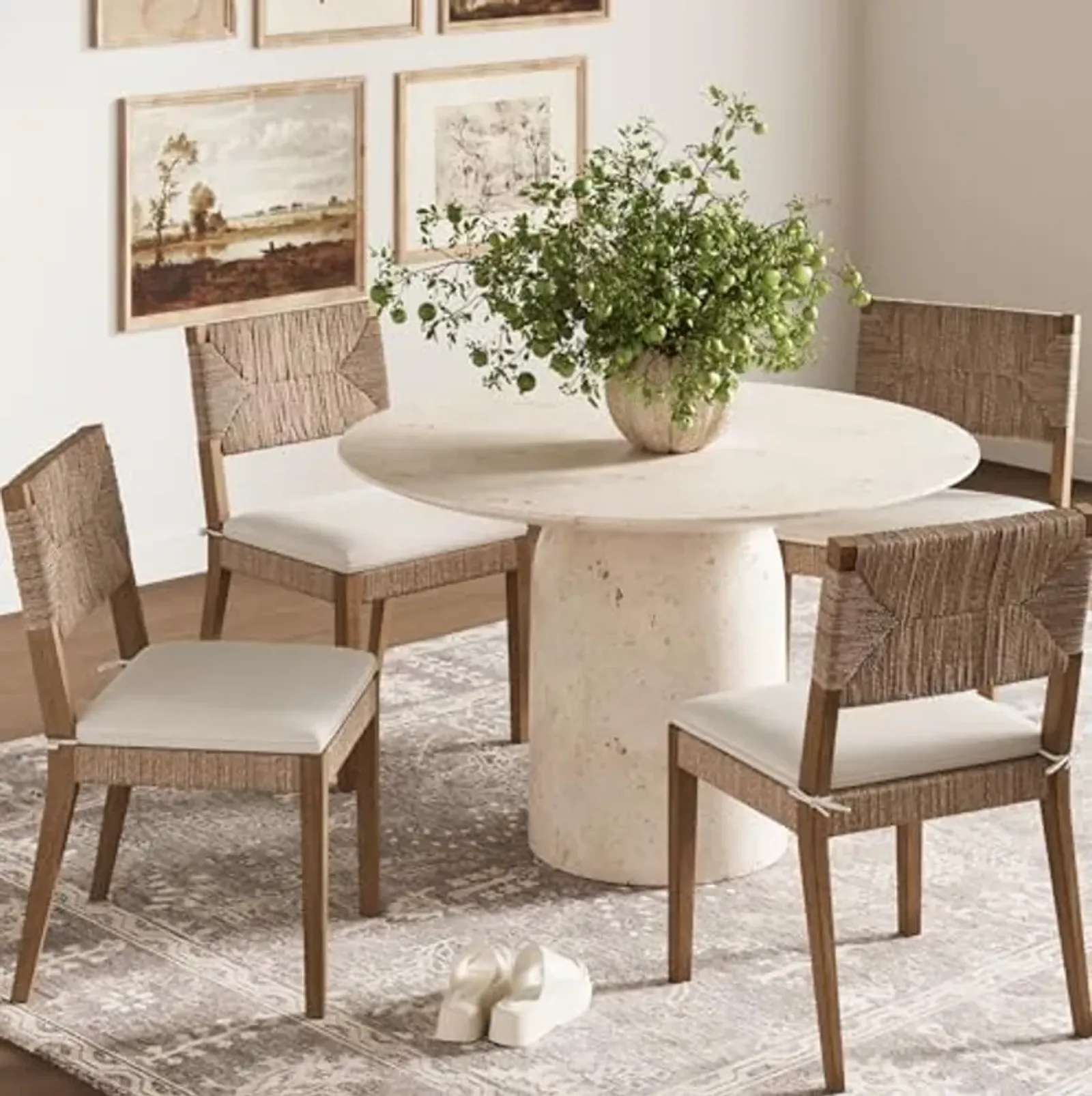 Nathan James Beacon Boho Dining Chair Set of 4, Boucle Dining Chair with Seagrass Accent and Solid Wood Legs, Cream Boucle/Light Brown