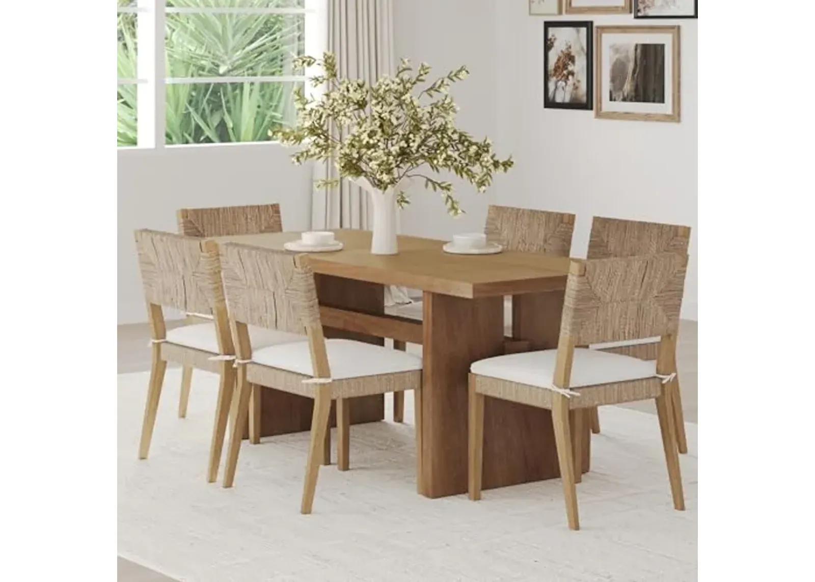 Nathan James Beacon Boho Dining Chair Set of 6, Boucle Dining Chair with Seagrass Accent and Solid Wood Legs, Cream Boucle/Light Brown