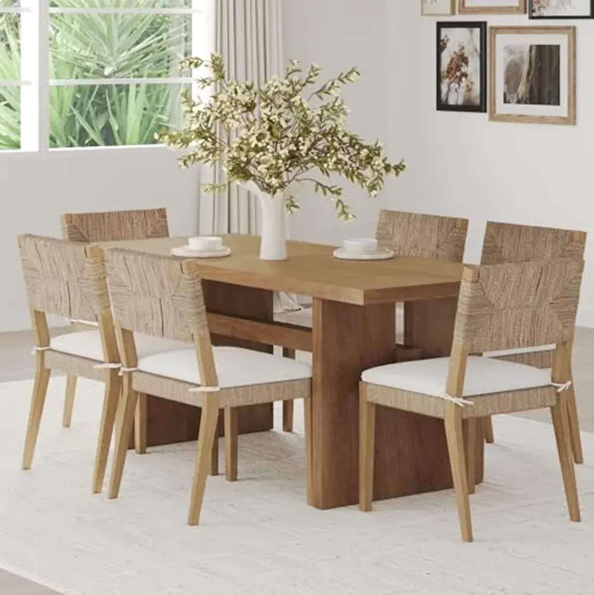 Nathan James Beacon Boho Dining Chair Set of 6, Boucle Dining Chair with Seagrass Accent and Solid Wood Legs, Cream Boucle/Light Brown