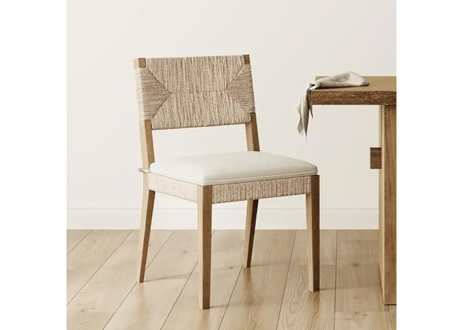 Nathan James Beacon Boho Dining Chair, Boucle Dining Chair with Seagrass Accent and Solid Wood Legs, Cream Boucle/Light Brown