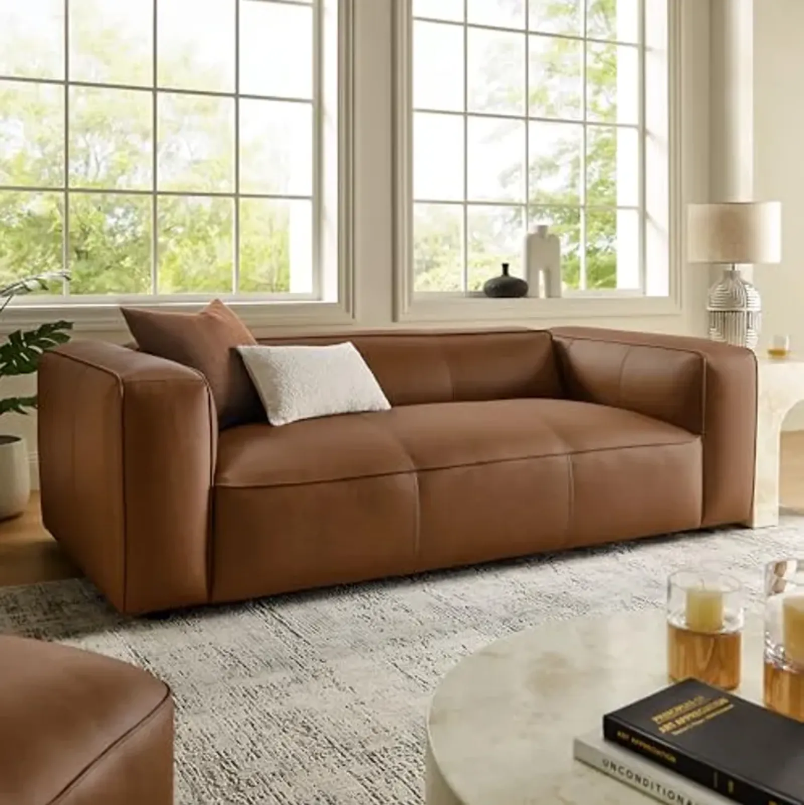 Modway Auren Vegan Leather Sofa in Coffee - Faux Leather 3 Seater Couch - 88 Inch Comfy Modern PU Leather Sofa - Oversized Mid Century Modern Couch for Living Room, Apartment, Loft